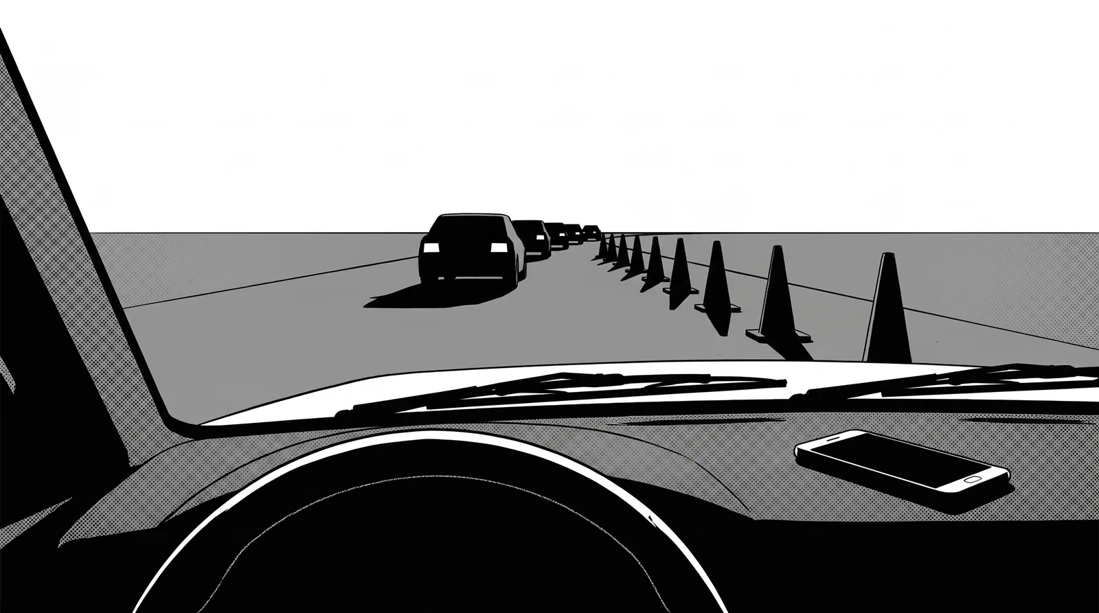 Ink drawing from behind the wheel of a car in a queue of stopped traffic, with a line of roadworks cones along the lane ahead and a phone lying on the dashboard, its screen dark.