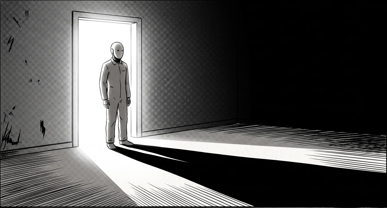 Ink drawing of a figure with a smooth, blank head and two dark eyes, in a boiler suit, standing in a bright doorway at the edge of a dark, empty room, its shadow stretched long across the floor.