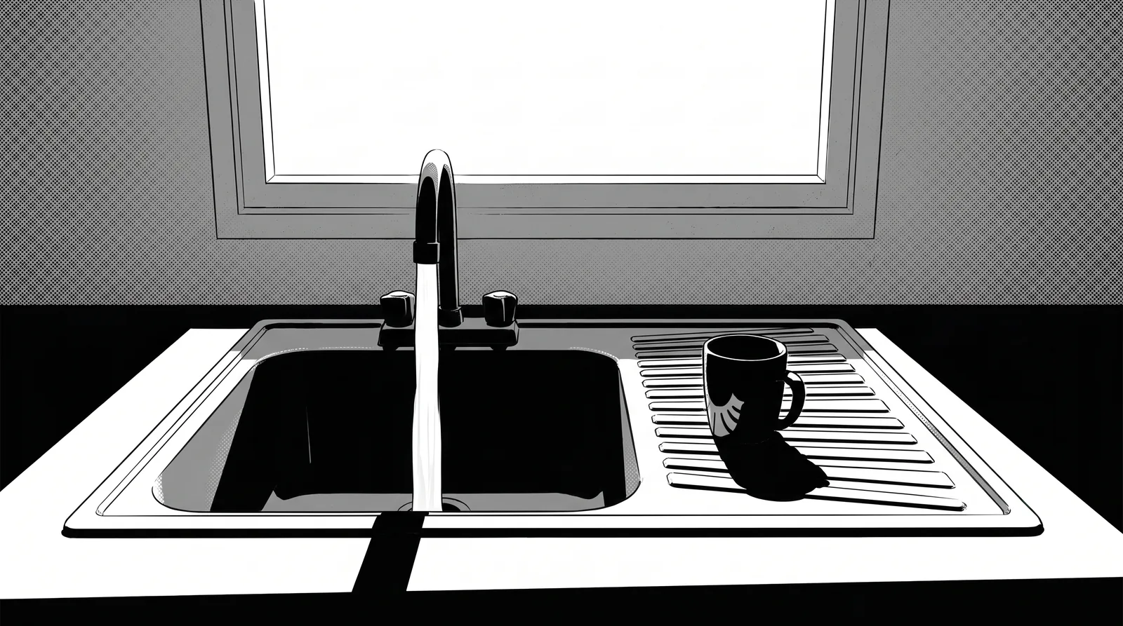 Ink drawing of a kitchen sink under a bright window: the tap is running into the empty basin with nobody there, and a dark mug stands on the draining board.