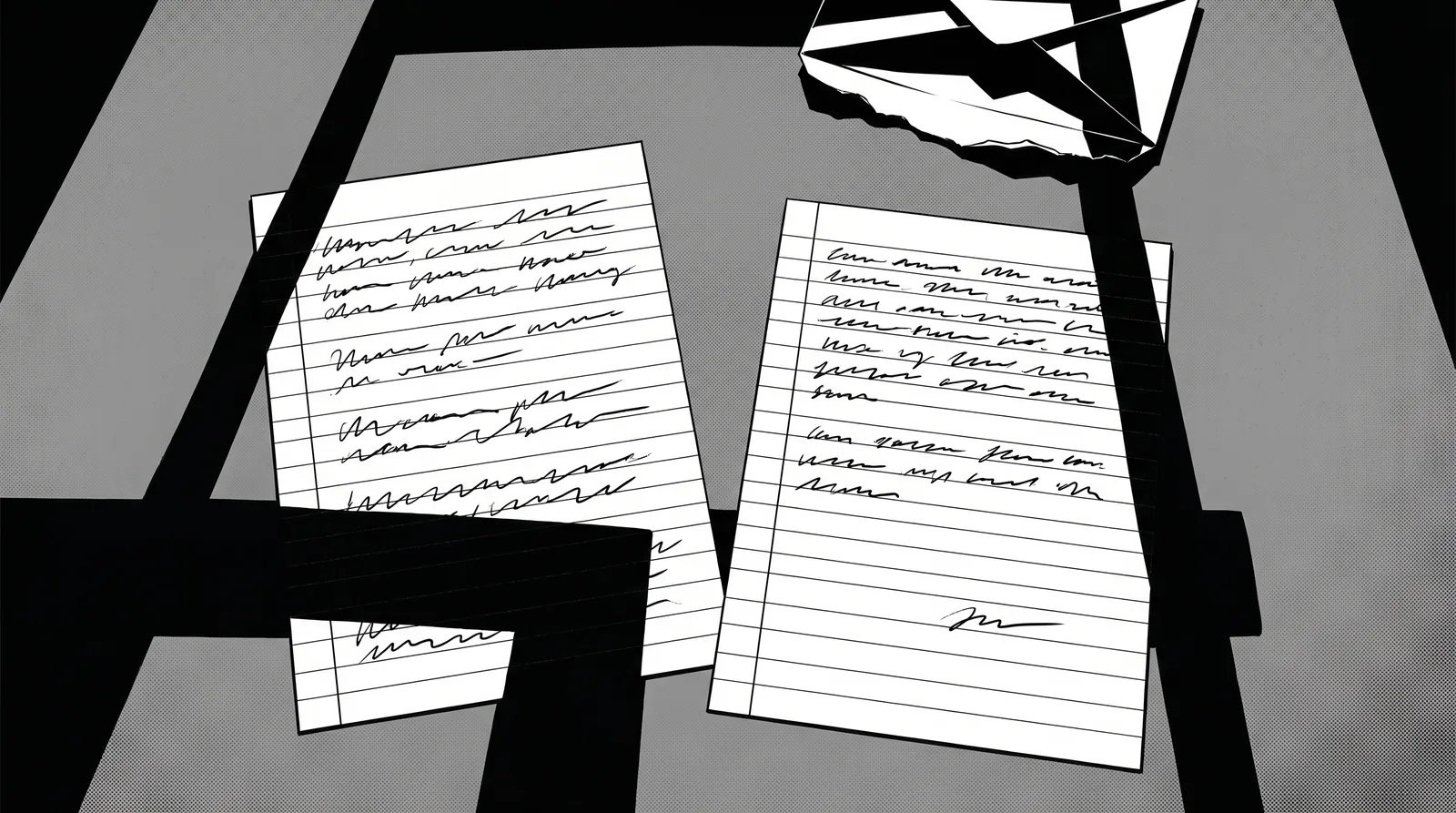Two handwritten pages lying side by side on a table, seen from above, with a torn envelope at the top of the frame. The handwriting is ink scribble, too small to read as words. Hard light lays heavy black diagonal shadows across the table and over one corner of each page. Nobody is in the picture.
