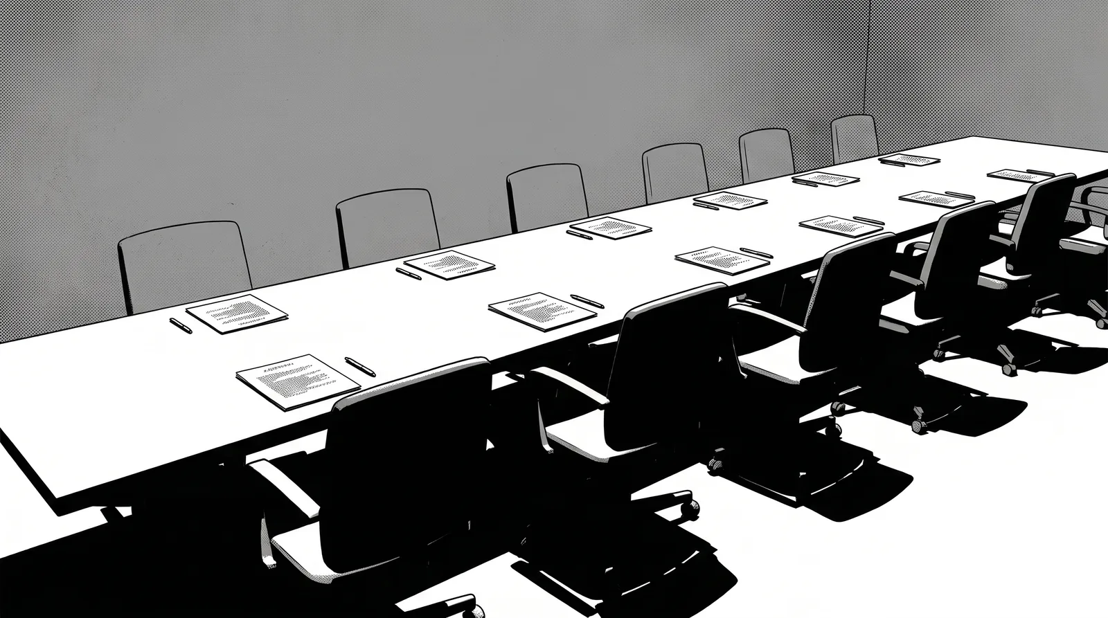 A long meeting table seen down its length from one corner, in high-contrast black and white. Chairs stand empty on both sides: pale ones against the far wall, black silhouetted office chairs with castors nearer the viewer. At every place there is a printed page and a pen, squared up and untouched, the print too small to read as words. The wall behind is blank halftone grey, with a single thin cable hanging at the top. Nobody is in the picture.
