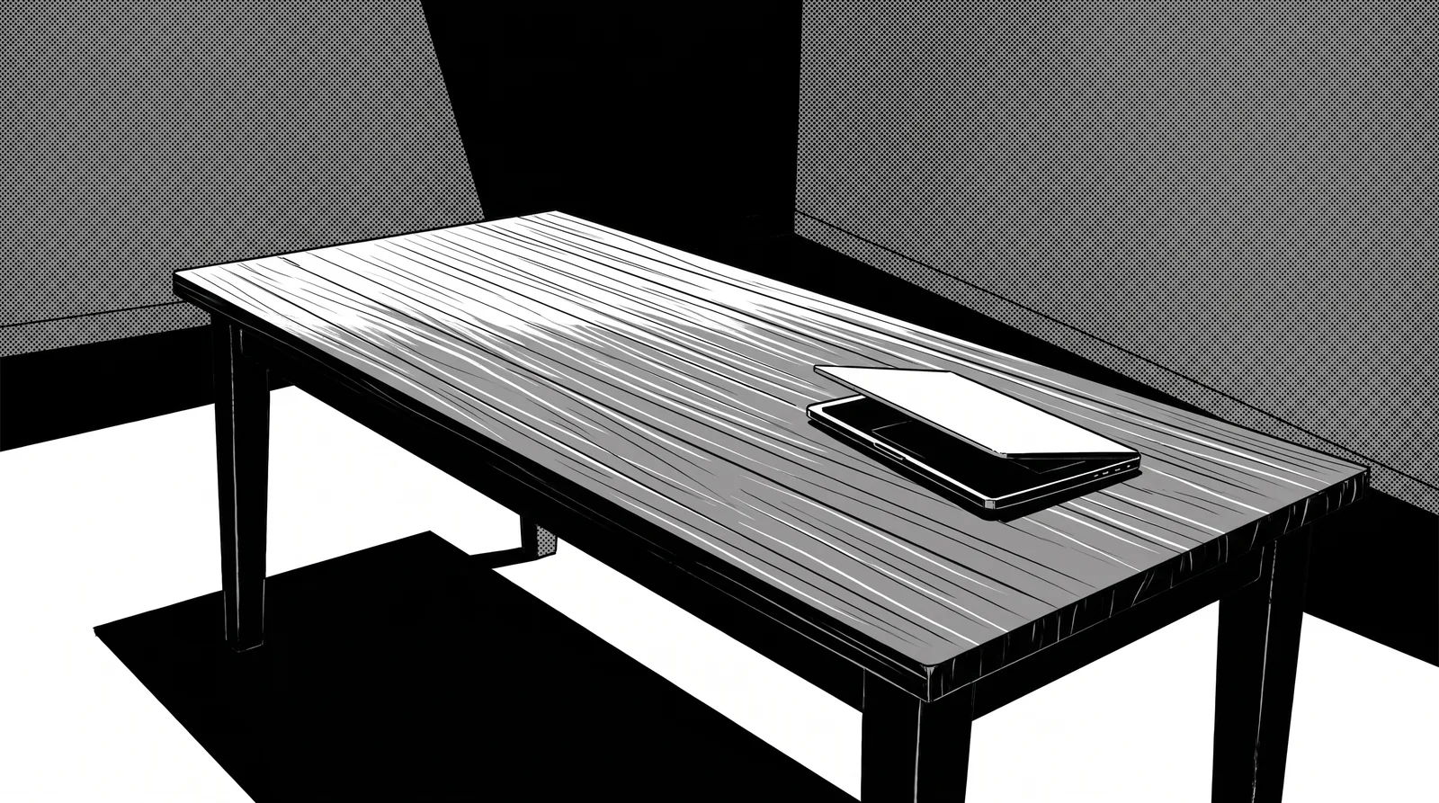 A plain wooden table in an otherwise dark room, seen from low down and slightly to one side, in high-contrast black and white. Light raking in from off to one side picks out the grain running away along the top, and a closed laptop sits near the far end. The table throws a hard black shadow across the floor, and the corners of the room fall away into black. Nothing else is on the table, and nobody is in the picture.