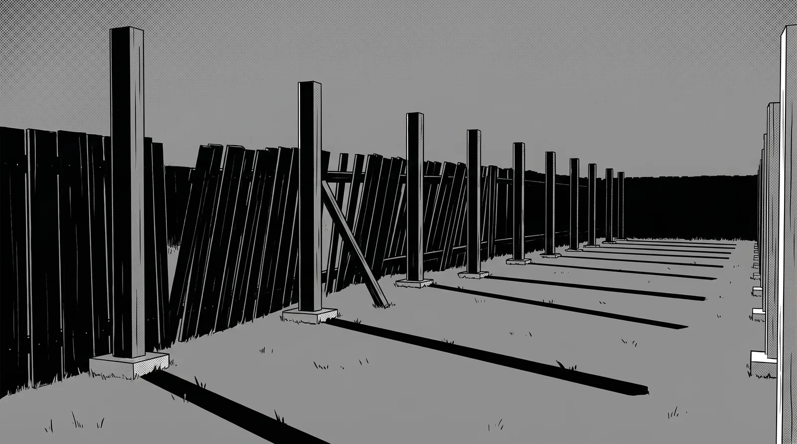 A line of new square fence posts set in fresh concrete collars runs away down a garden boundary at dusk, seen from low down at one end. Behind and between them the old close-board fence leans over, held by a diagonal prop. Low sun from the side throws the posts’ long parallel shadows across rough grass. The far end falls into darkness, and nothing is visible beyond the fence. Nobody is in the picture.