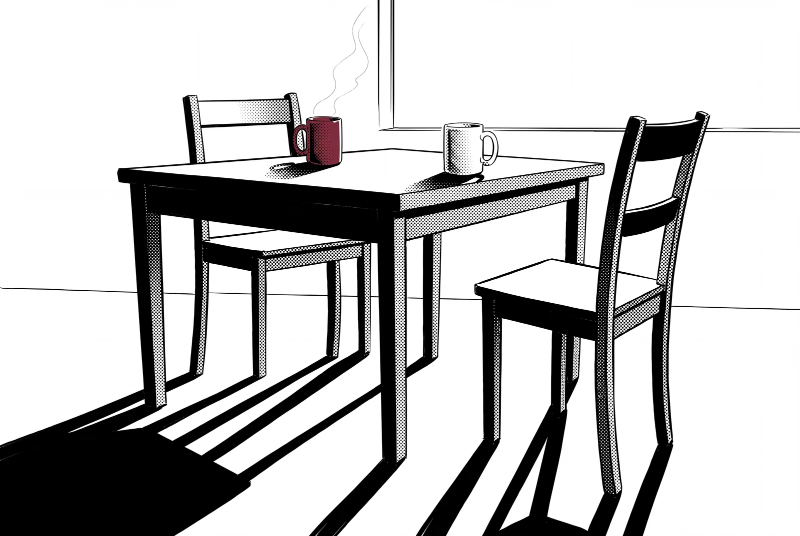 Ink and halftone drawing of a small table and two wooden chairs by a bright window, one chair pushed in and one pulled out: a red cup steams at the far place, and a plain white mug stands at the near one.