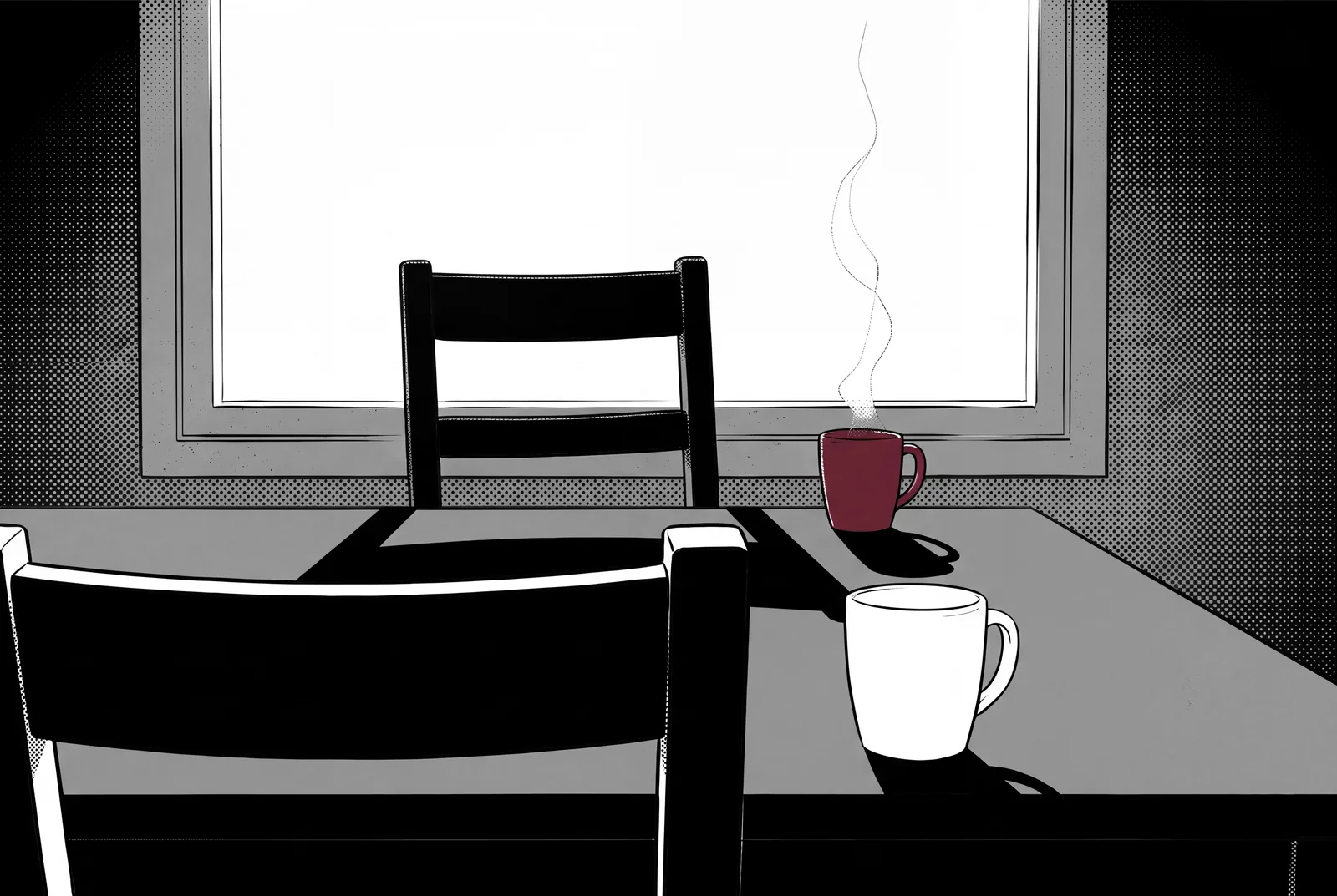 Ink and halftone drawing from behind a chair pulled out from a small table: a white mug on the near side of the table, a red cup steaming on the far side, and an empty chair across the table against a bright window.